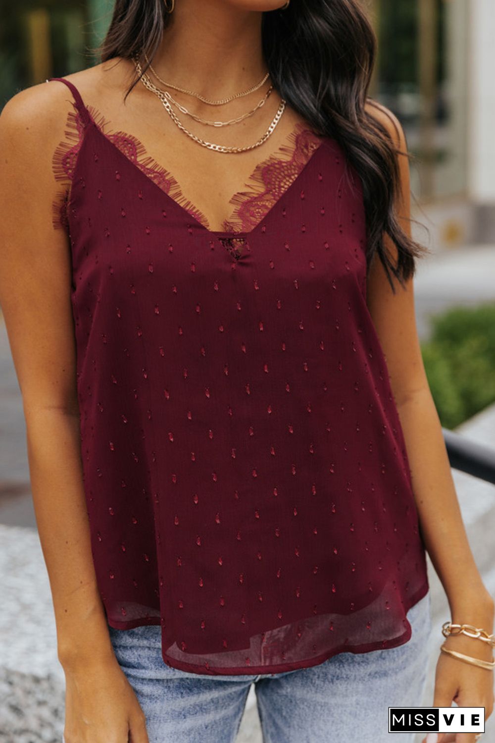 Red Eyelash Lace Trim Textured Cami Top