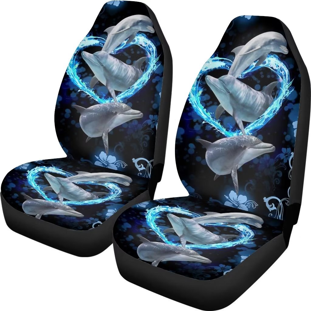 Pzuqiu Blue Heart Shape Dolphin Print Front Seat Covers for Car Truck SUV，Universal Fit Bucket Seat Covers for Men Women，Auto Interior Accessories Decor，Blue