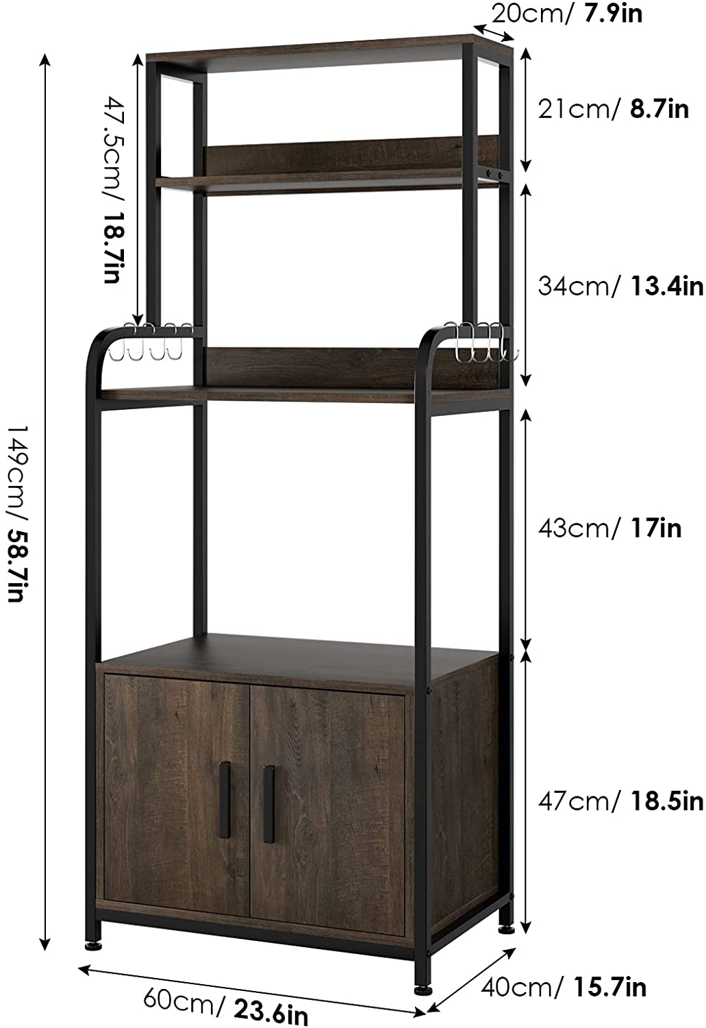 Pedy Industrial Kitchen Baker's Rack with Shelf and Storage Cabinet， 4-Tier Microwave Oven Stand with 6 Hooks