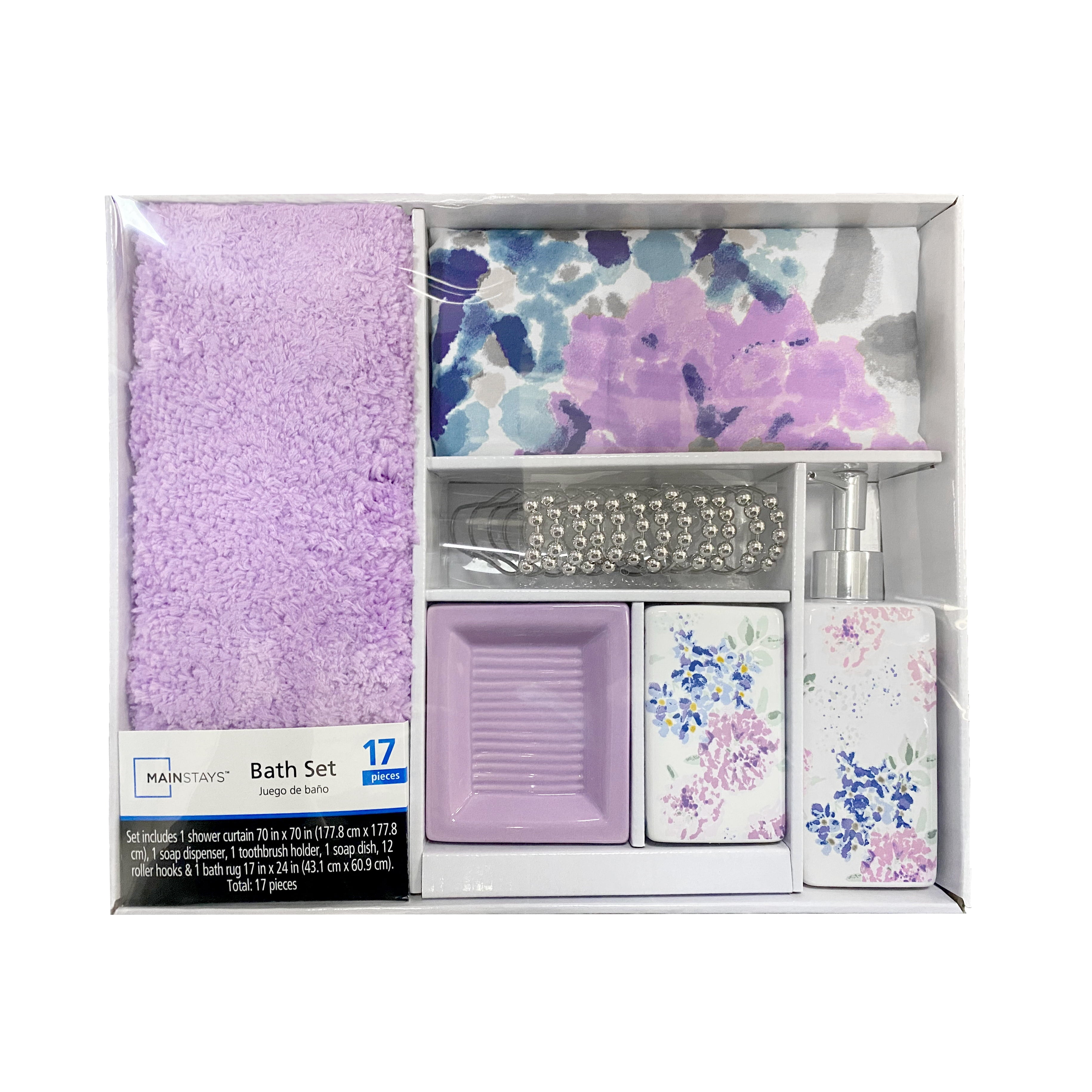 Mainstays 17-Piece Flower Polyester， Ceramic， Metal Bath Accessories Set， Purple