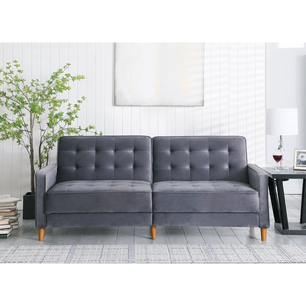 Modern Velvet Upholstered Sofa Bed Adjuastable Reclining Sofa with Split Tufted Back and Wooden Legs