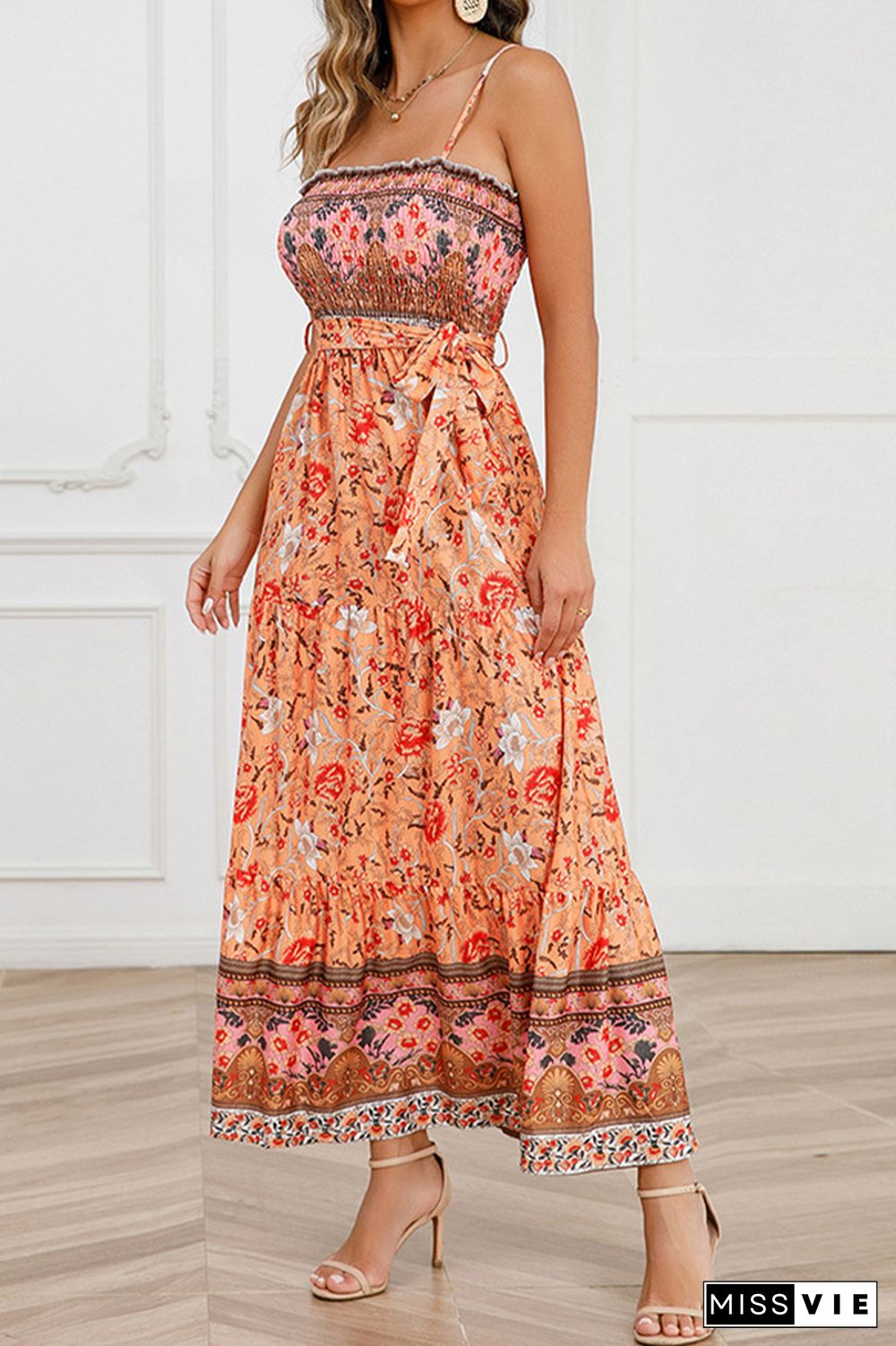 Boho Floral Print Smocked Bandeau Spaghetti Strap Maxi Dress