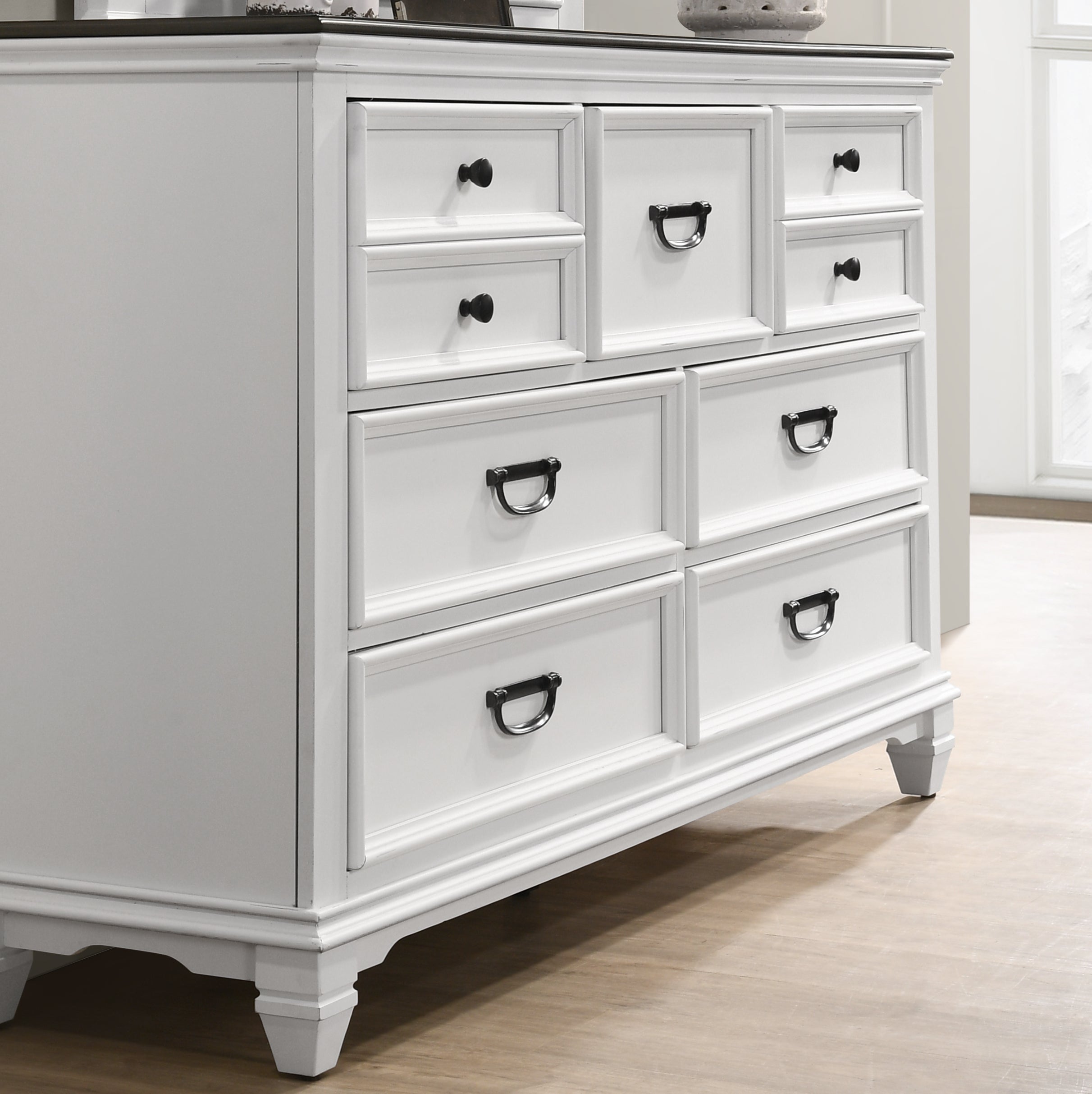 Clelane Wood 7-Drawer Dresser, Weathered White and Walnut