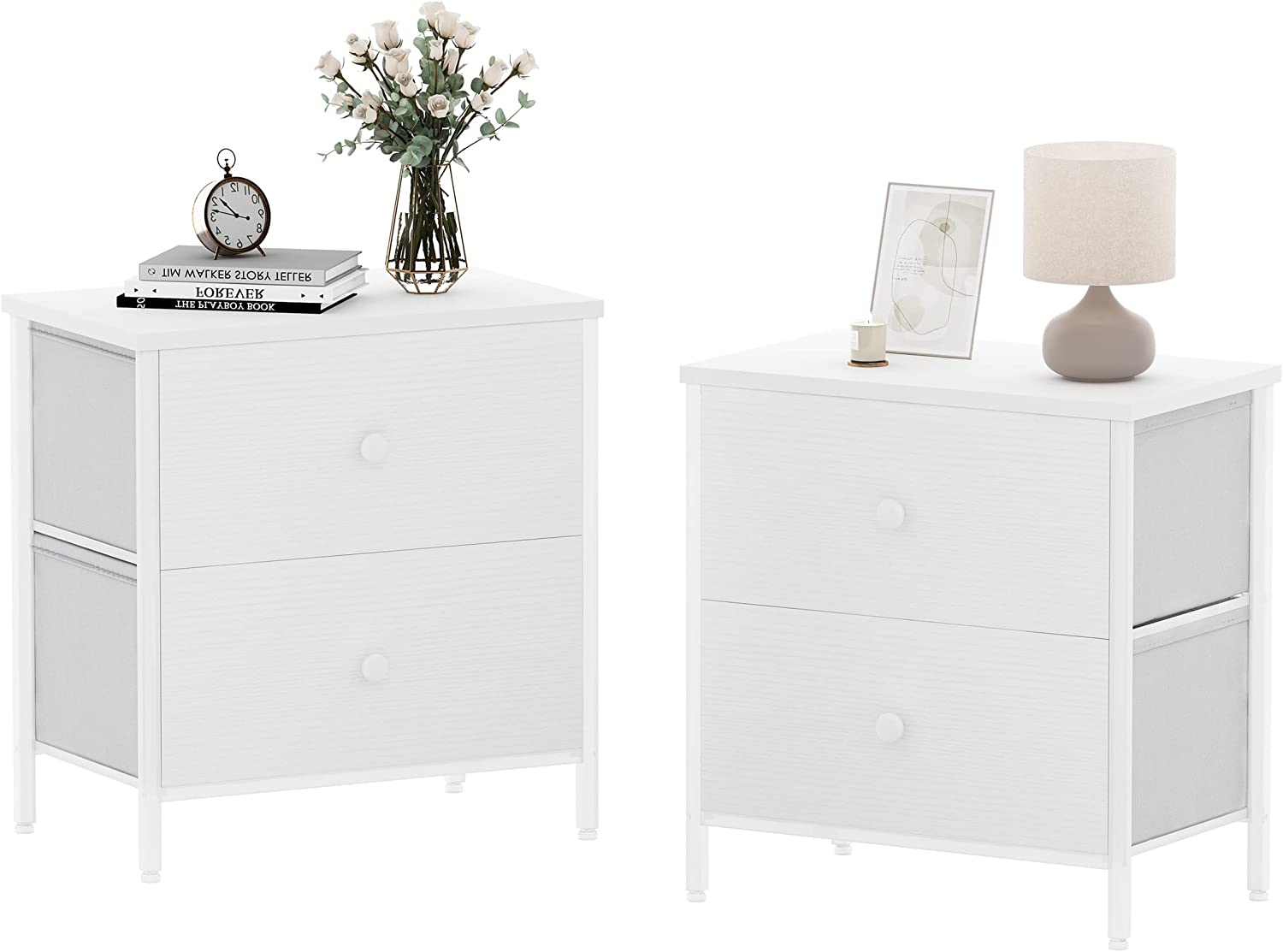 White Nightstand Set of 2 Nightstands - Nightstand and Dresser Sets Night Stand Dresser for Bedroom End Table with Fabric Drawers Organizer Modern Bedside Tables for Living Room  Dorm