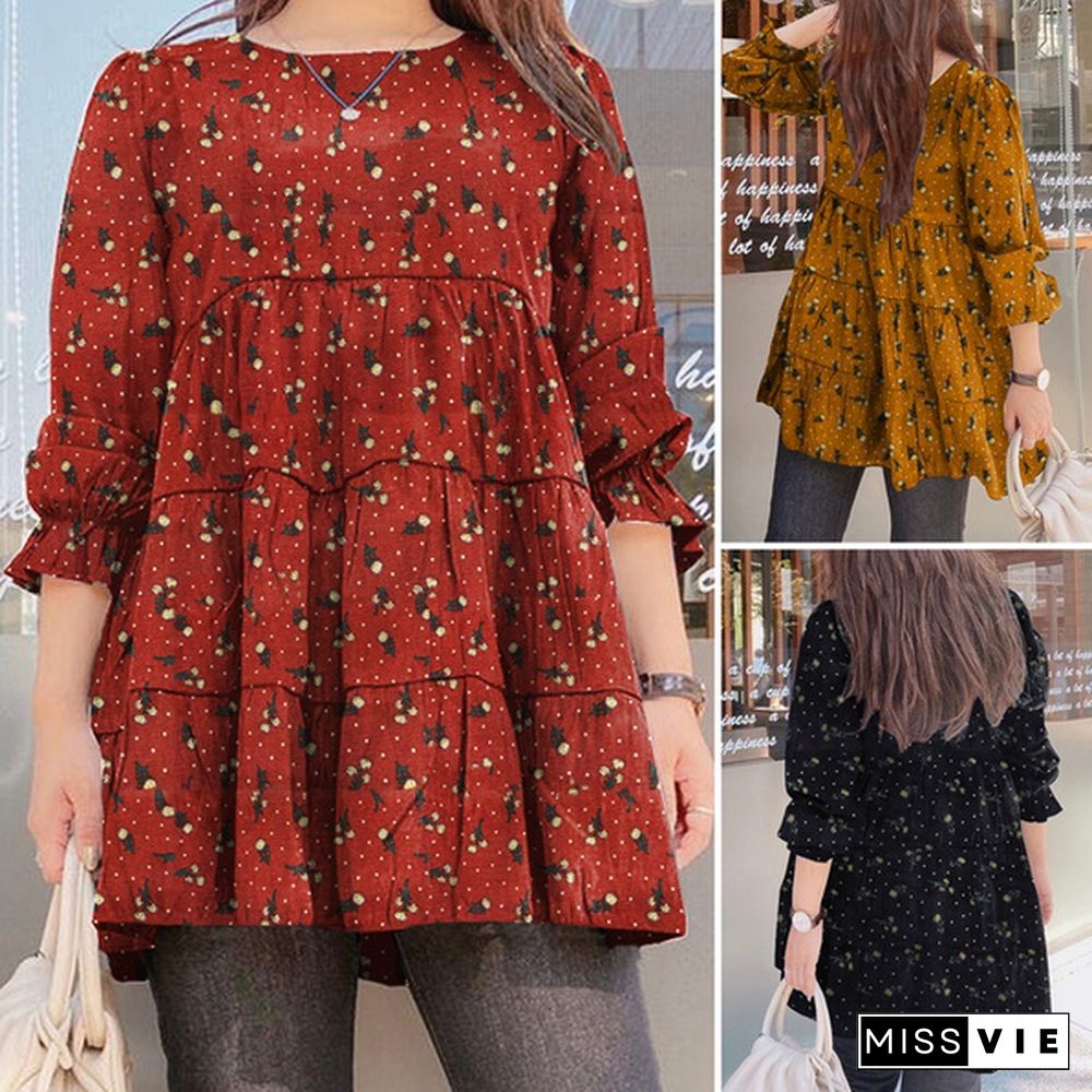 Plus Size Women Spring Casual Daily Long Puff Sleeve O-Neck Cotton Floral Printing Loose Shirt Blouse