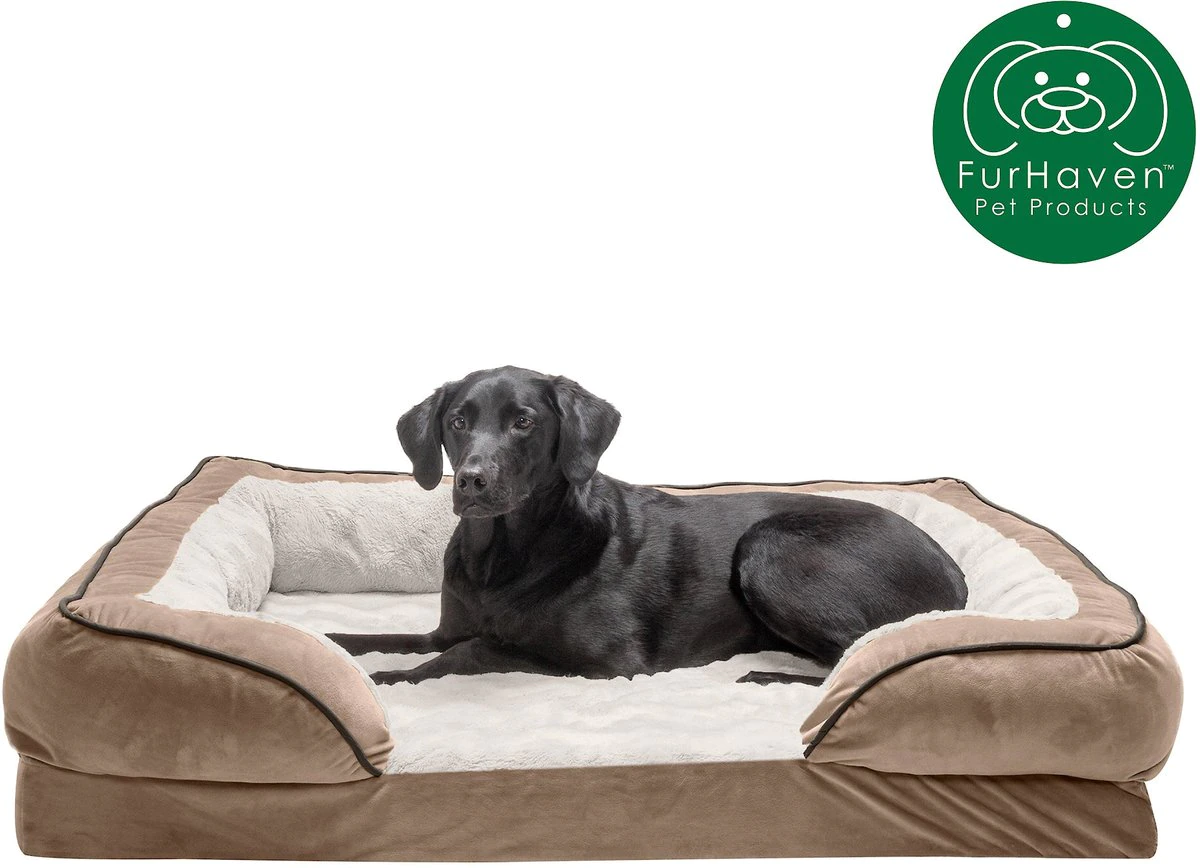 FurHaven Velvet Waves Perfect Comfort Orthopedic Sofa Cat and Dog Bed， Brownstone， Jumbo