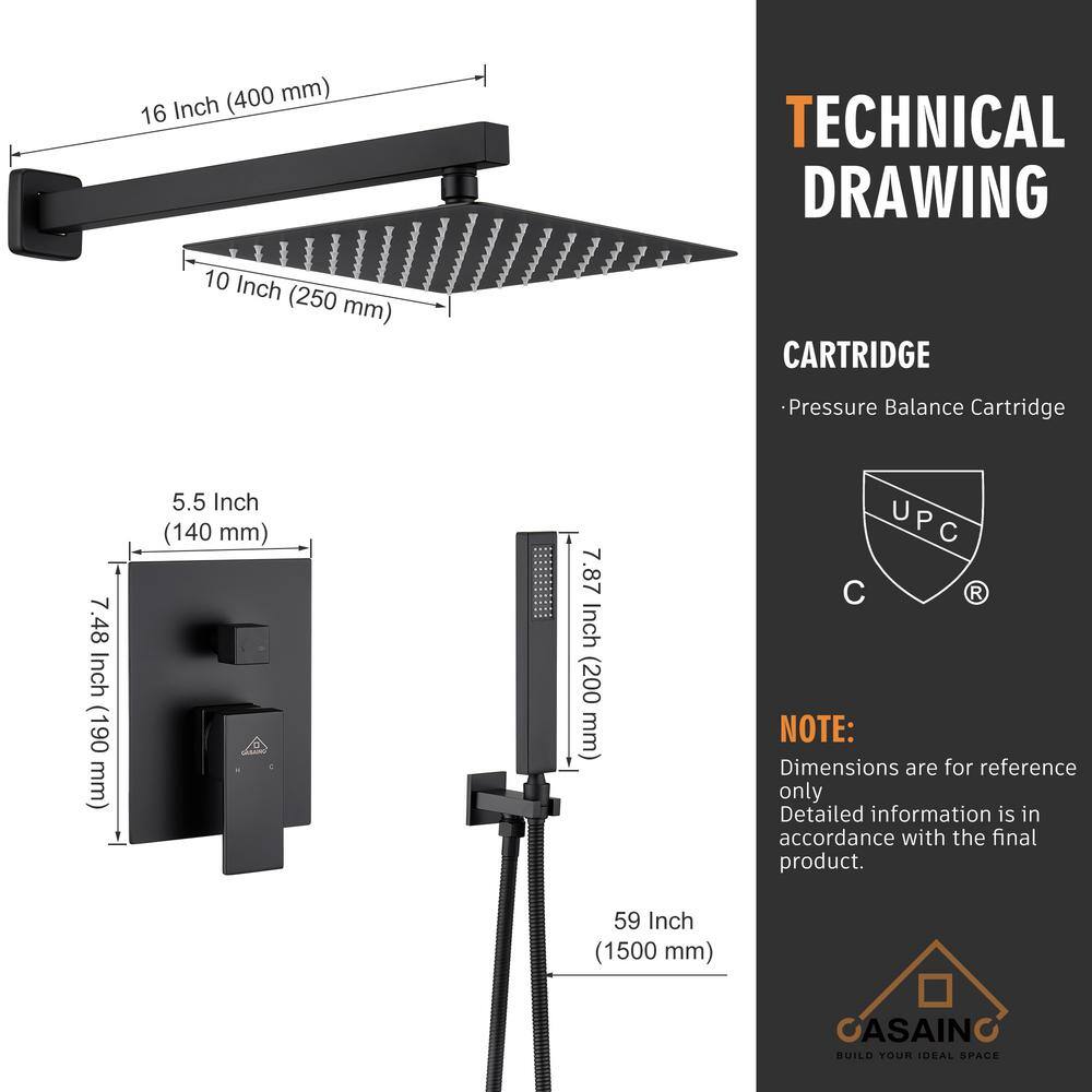 CASAINC 1-Spray Patterns with 2.5 GPM 10 in. Wall Mount Dual Shower Heads in Matte Black WF6643-10BL