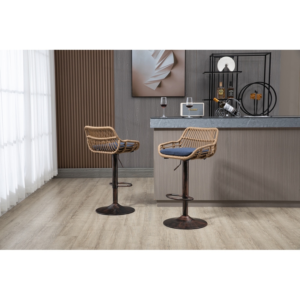 2pcs Swivel Bar Stools Adjustable Counter Height Chairs with Rattan Back and Footrest for Kitchen Island Dining Chair  Blue