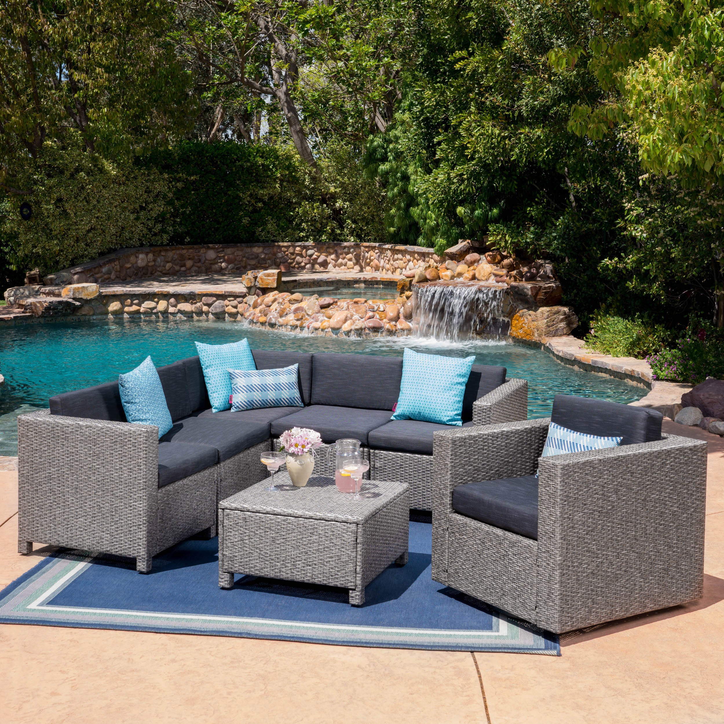 Phillips Outdoor 6 Seater Wicker V-Shaped Sofa and Swivel Chair Set with Water Resistant Cushions