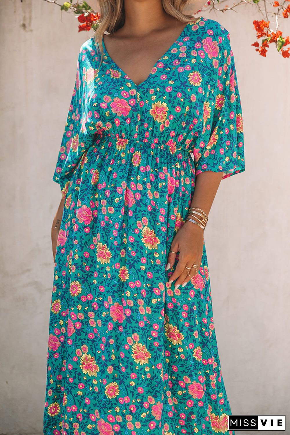 Green Boho Deep V Neck Floral Maxi Dress