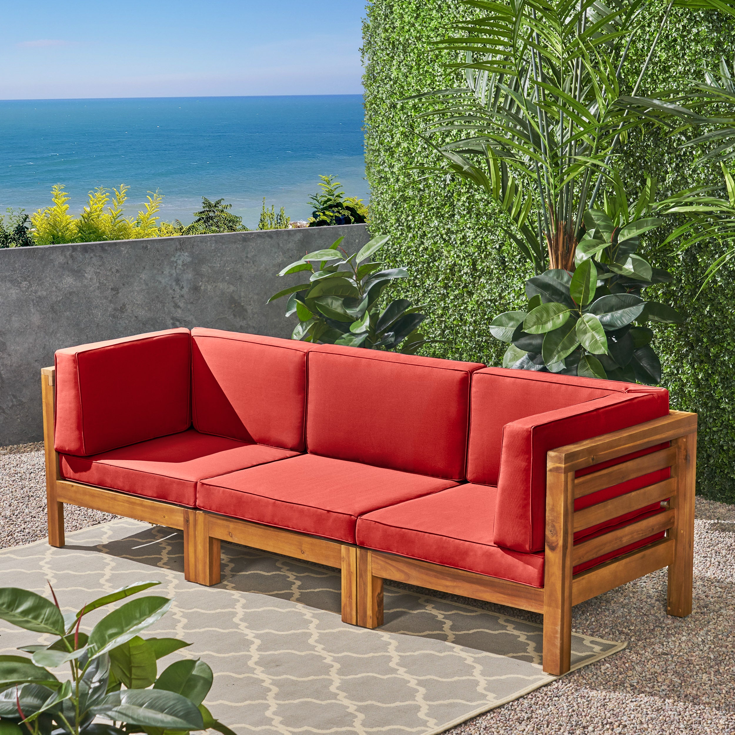 Dawson Outdoor Sectional Sofa Set - 3-Seater - Acacia Wood - Outdoor Cushions