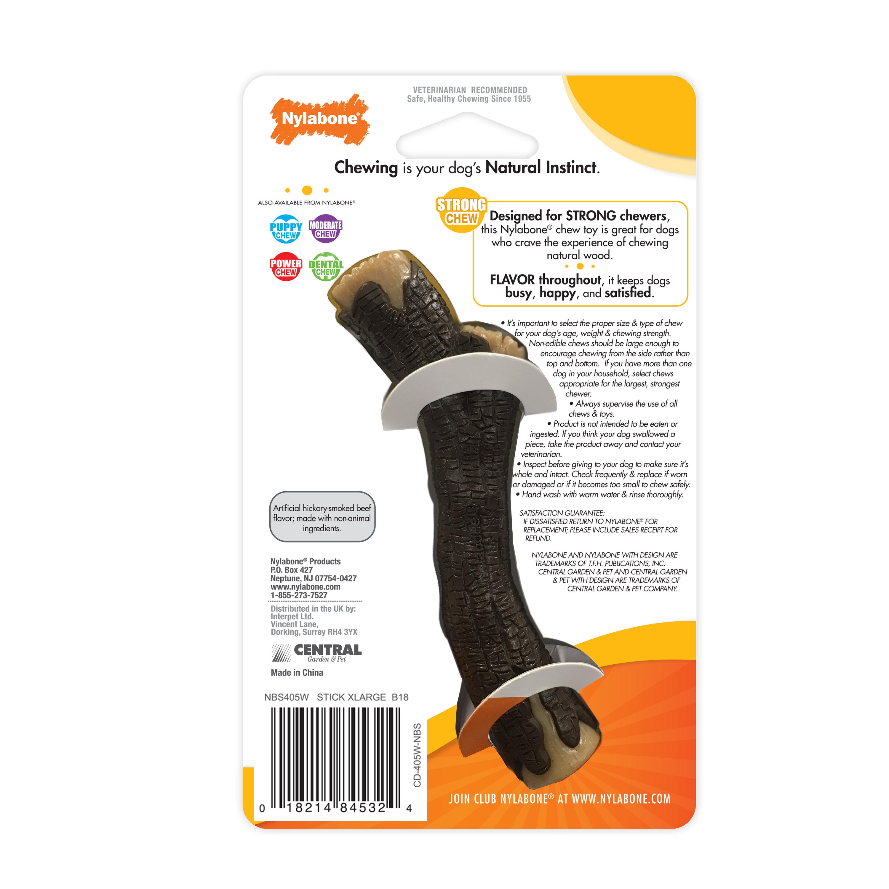 Nylabone Strong Chew Real Wood Dog Stick Toy Hickory Smoked Beef Flavor X-Large/Souper - 50+ lbs.