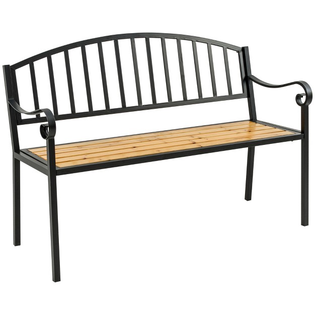 Garden Bench Patio Loveseat With Antique Backrest Wood Seat And Steel Frame For Backyard Or Porch