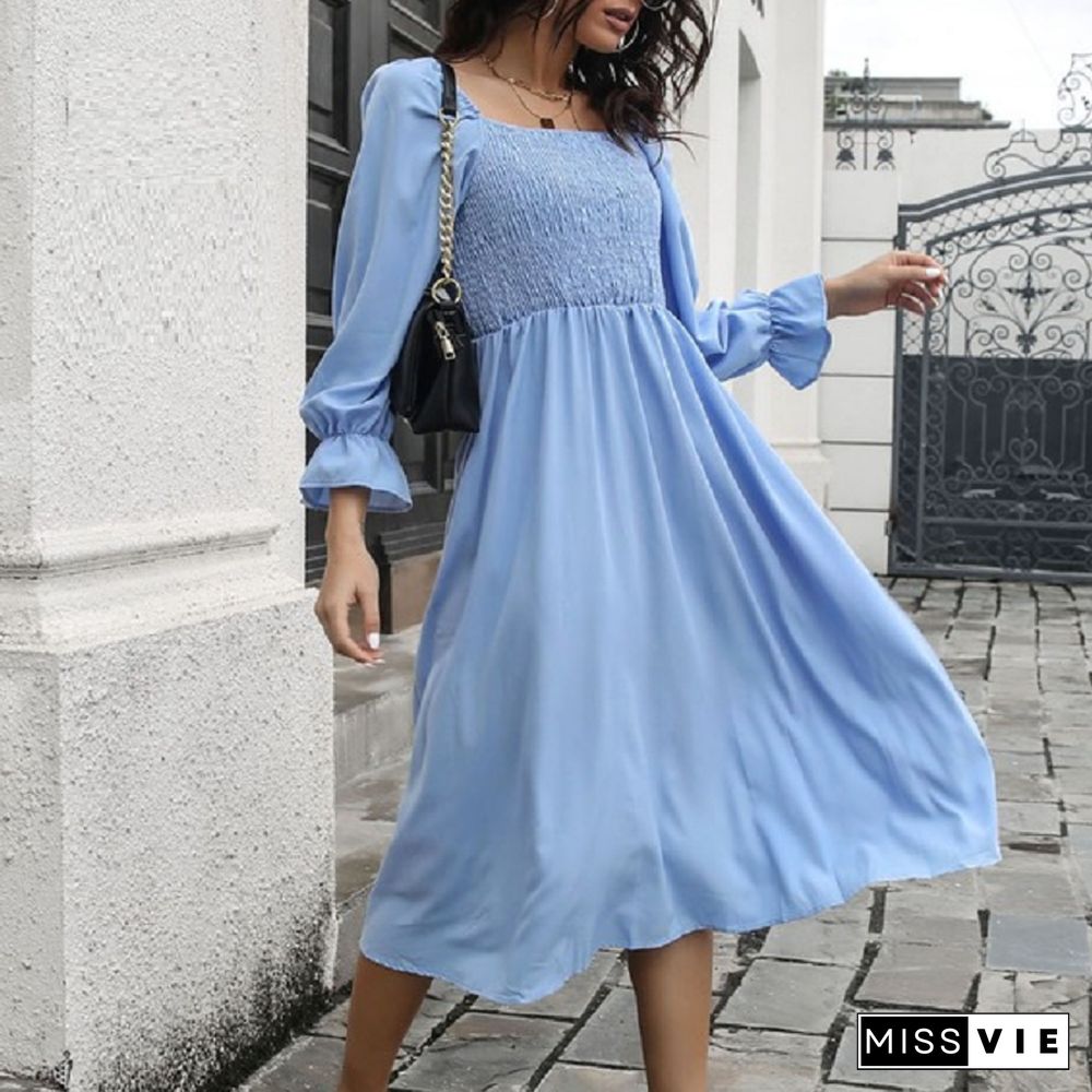 Elegant Fashion Spring Women Dress New Chiffon Solid Casual Full Flared Sleeve One-line Collar Pleated Midi A-line Dress