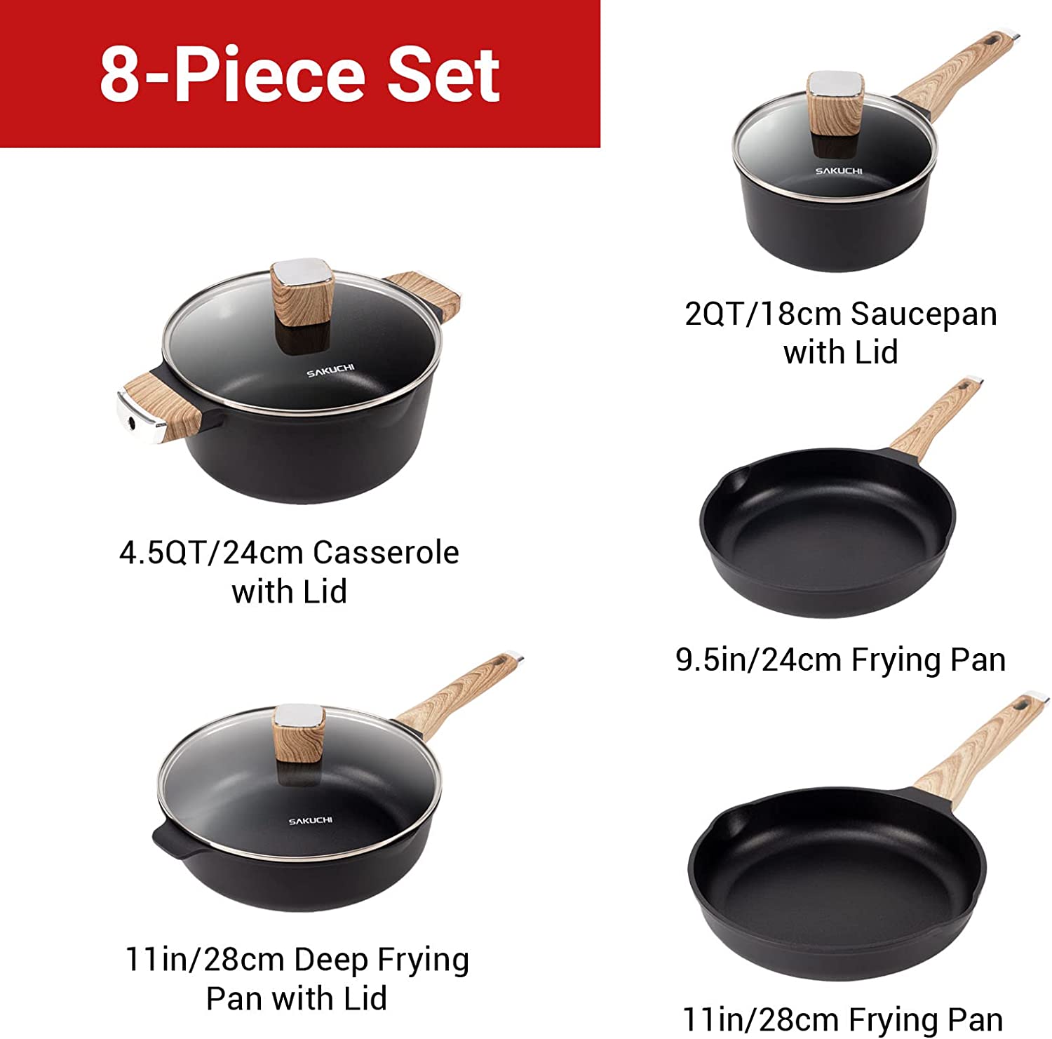 Sakuchi 8 Sets Of 5 POTS，Induction Cookware，Nonstick Kitchen Cookware Set，1.Induction Compatible with Frying Pan，2.Saucepan，3.Sauté Pan，4.Grill Pan，5.Grill Pan，Cooking Pots，NO PFOA