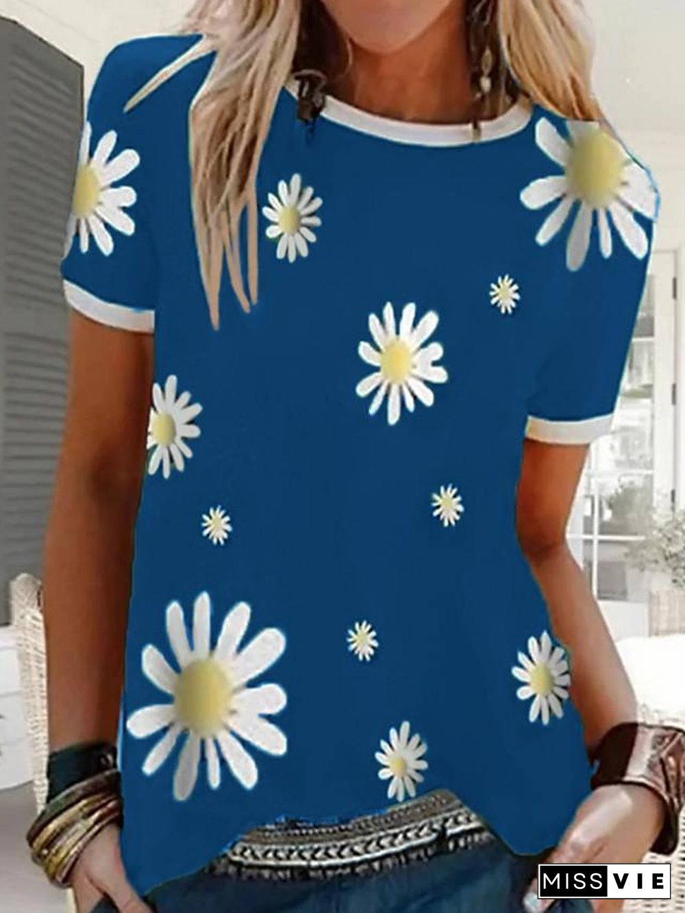 Women's T-shirt Floral Graphic Prints Flower Round Neck Tops Basic Top Black Blue Red