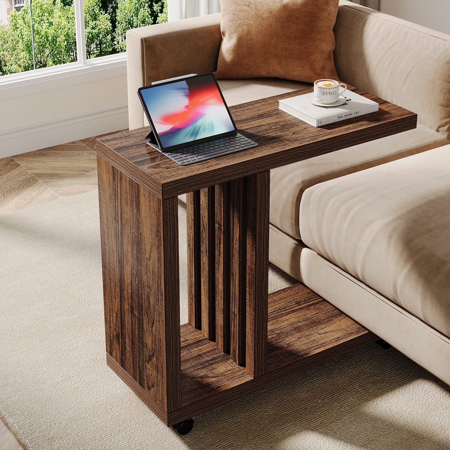 2-Tier End Table,  C-Shaped Wood Side Table with Lockable Wheels