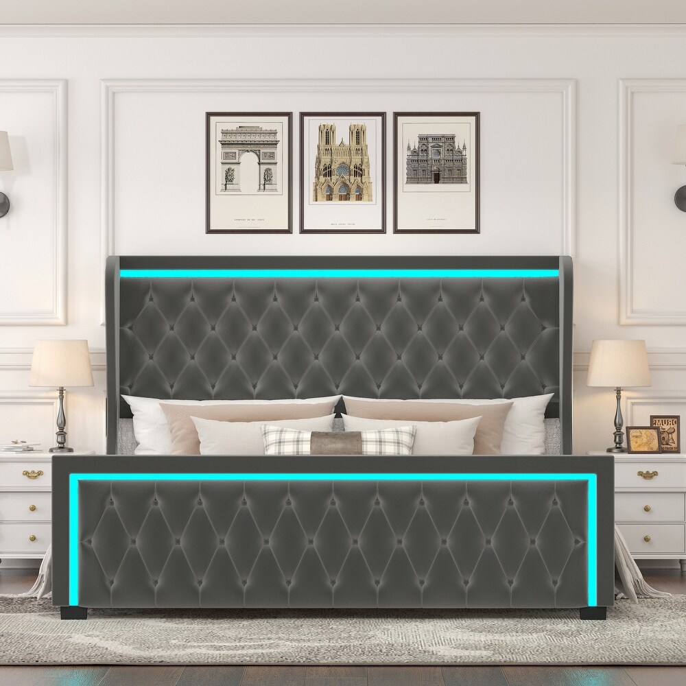 Velvet Wide Wingbacks Platform Bed Frame with Adjustable Colorful LED Light Frame Stitched Button Tufted High Headboard