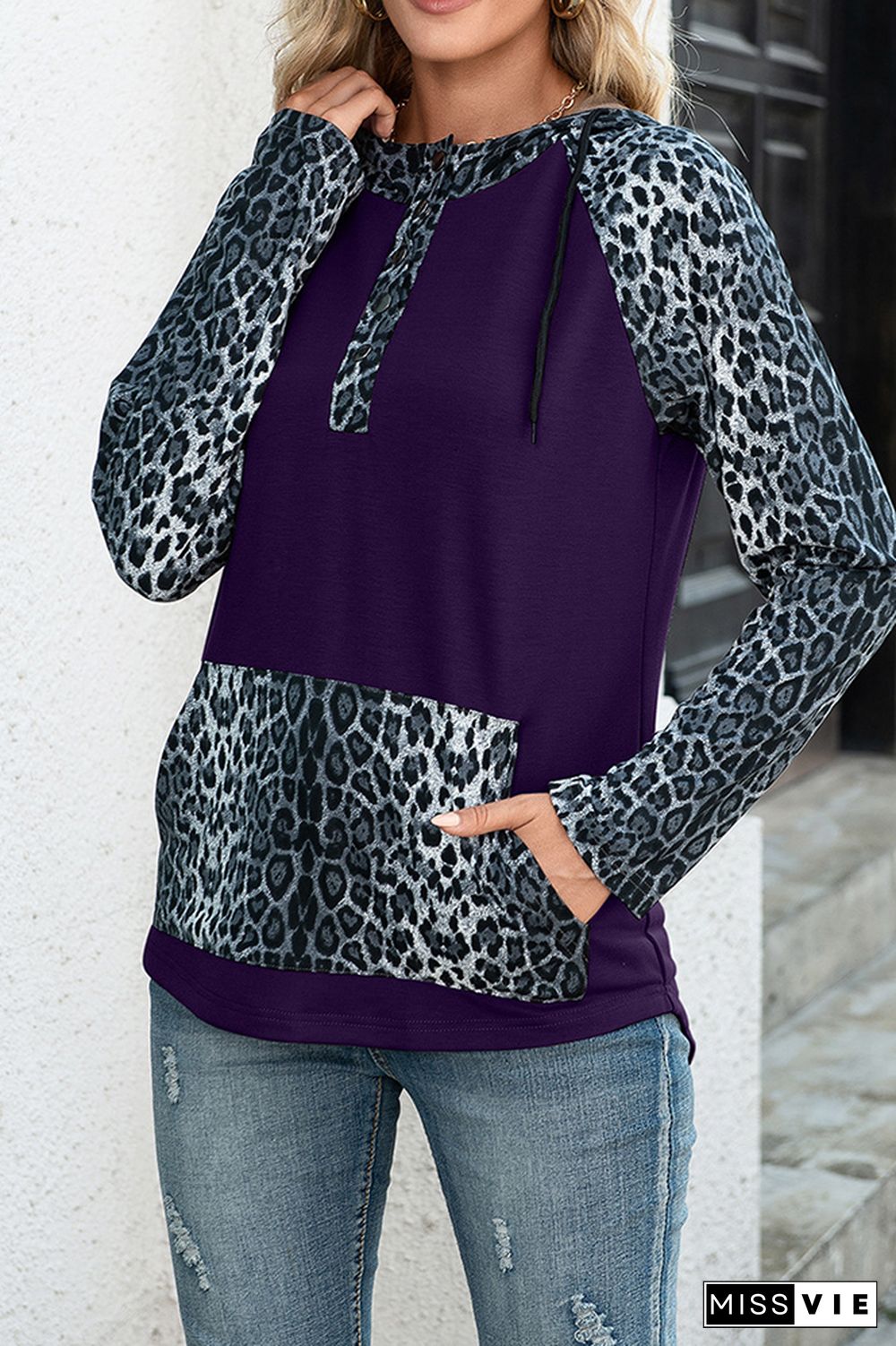 Leopard Splicing Pocket Hoodies Women Wholesale