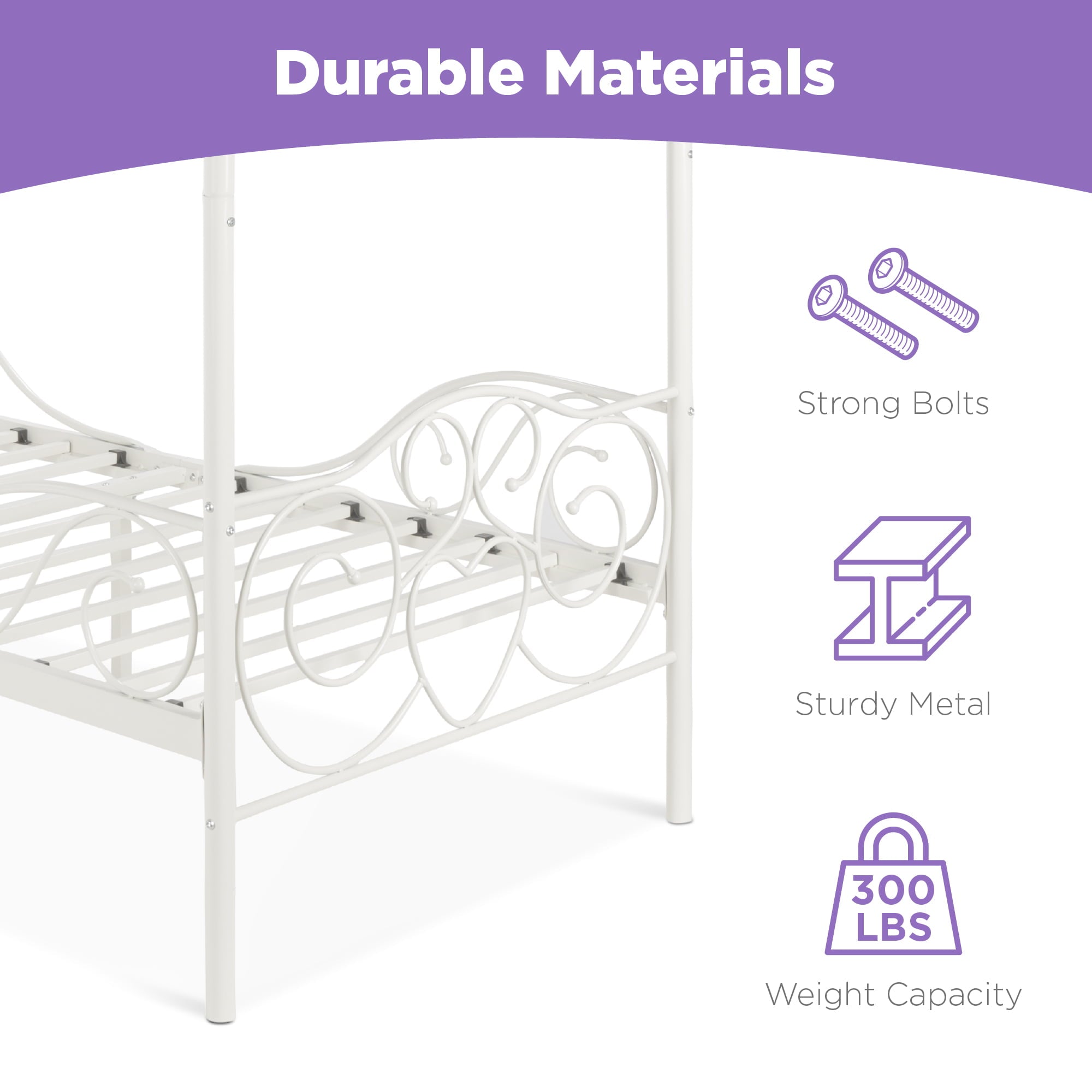 Best Choice Products 4-Post Metal Canopy Twin Bed Frame w/ Heart Scroll Design, 14 Slats, Headboard, Footboard - White