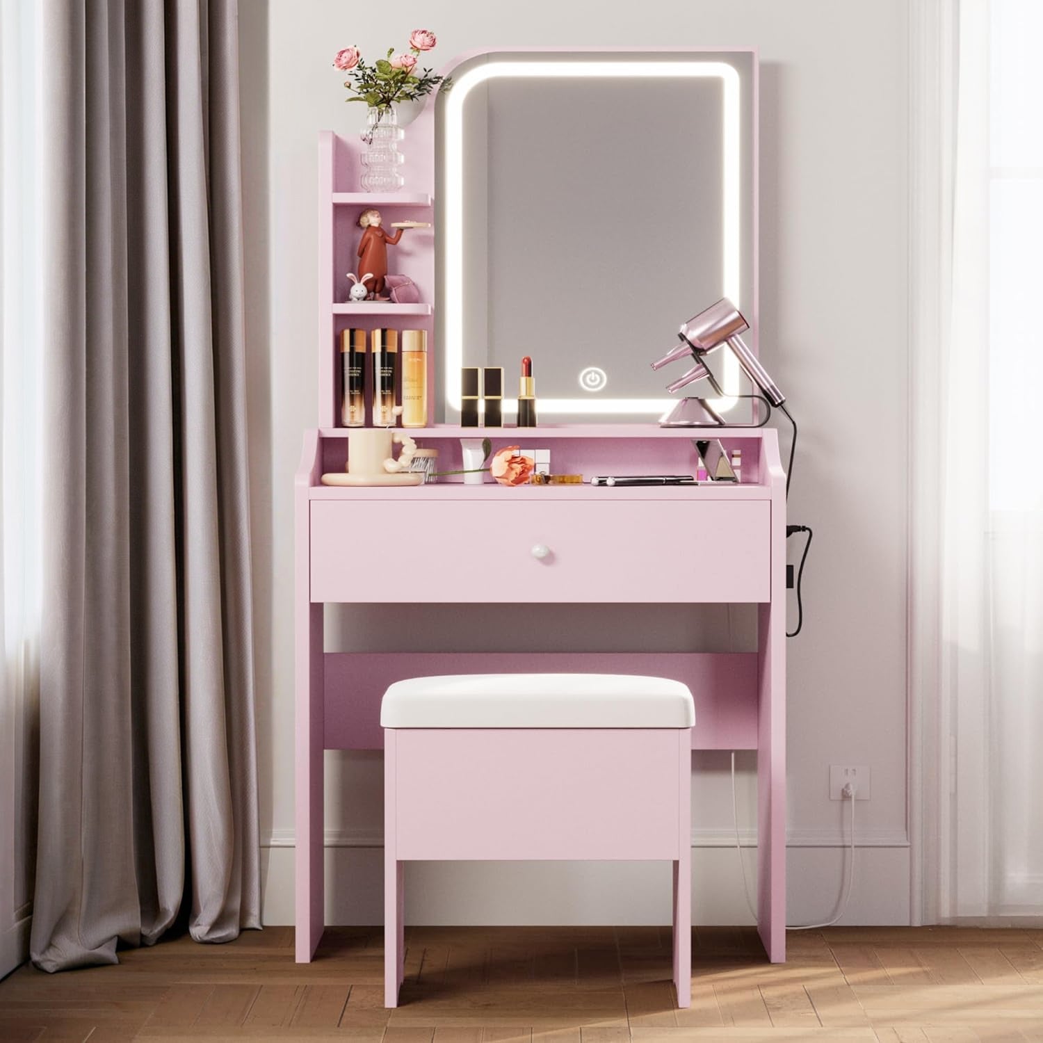 Makeup Vanity Desk with Upholstered Storage Stool Vanity Table Set with 1 Drawer, 3 Shelves, LED Light and USB Port