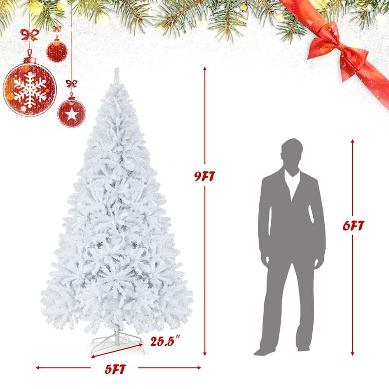 6/7.5/9FT White Hinged Artificial Christmas Tree, Premium Unlit Spruce Full Tree with Metal Stand