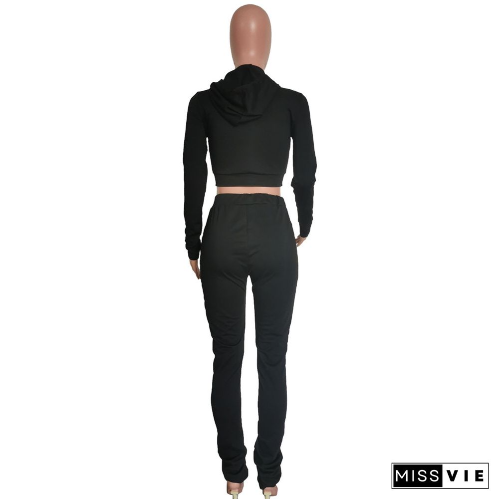 Solid Zipper Hooded Crop Top and Pants Suit