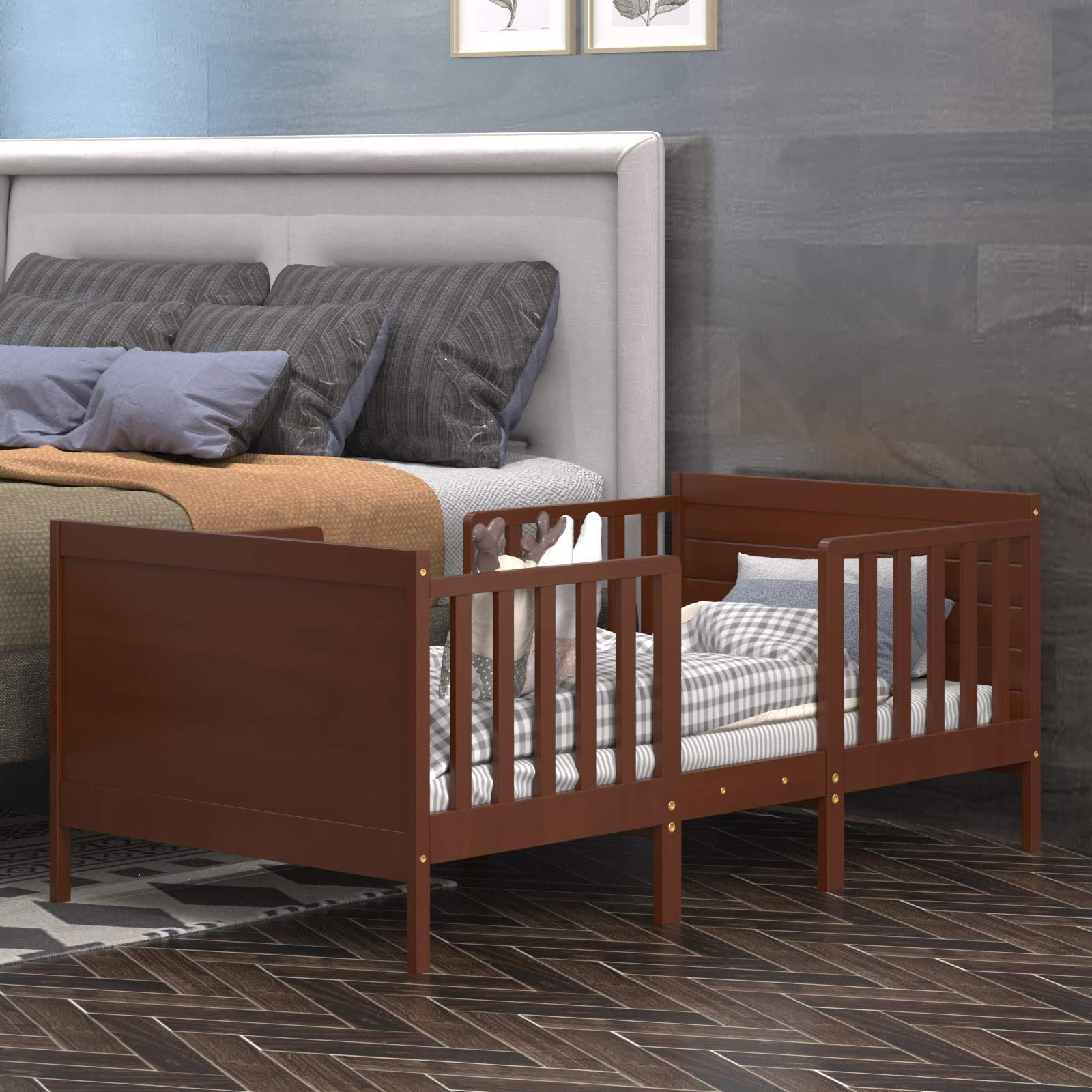 2 in 1 Convertible Wood Toddler Bed w/ 2 Side Guardrails