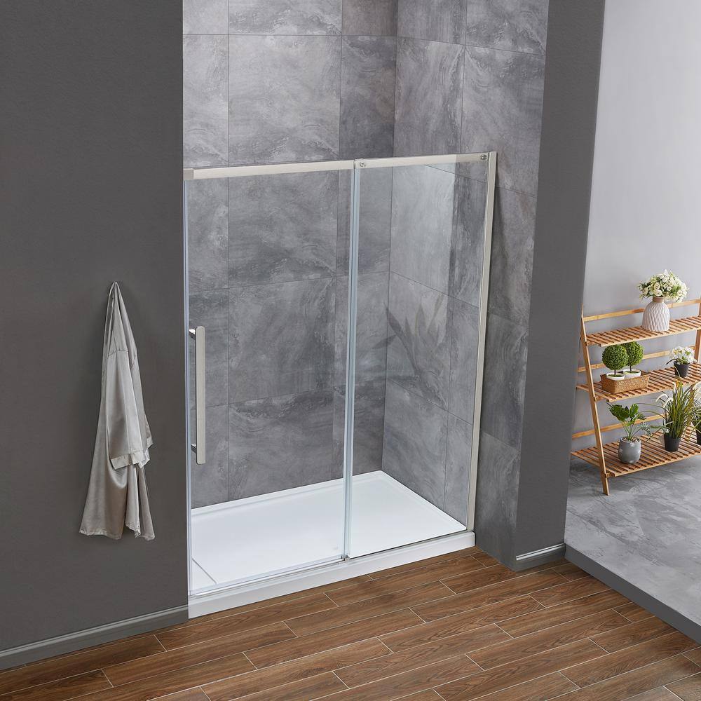 Glacier Bay Tidal 58.19 in. W x 78.74 in. H Sliding Semi Frameless Shower Door in Nickel GBSH154