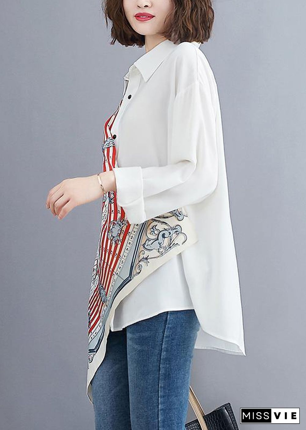 Women white prints blended box top asymmetric baggy summer blouses