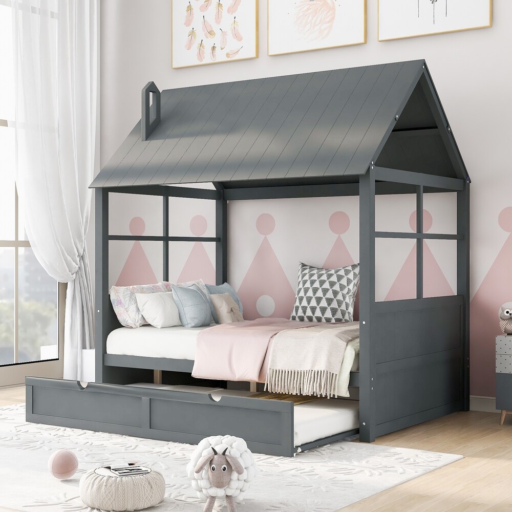 Roof and Windows Design Full Size Wood House Bed with Twin Size Trundle  Wooden Daybed and Solid Pine Wood Frame for Bedroom