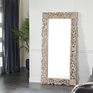 Litton Lane 72 in. x 36 in. Intricately Carved Rectangle Framed Light Brown Floral Wall Mirror 23702