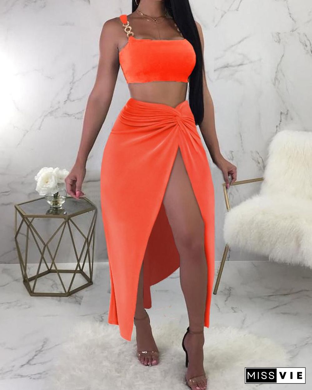 Chain Strap Crop Top & High Slit Twisted Skirt Set