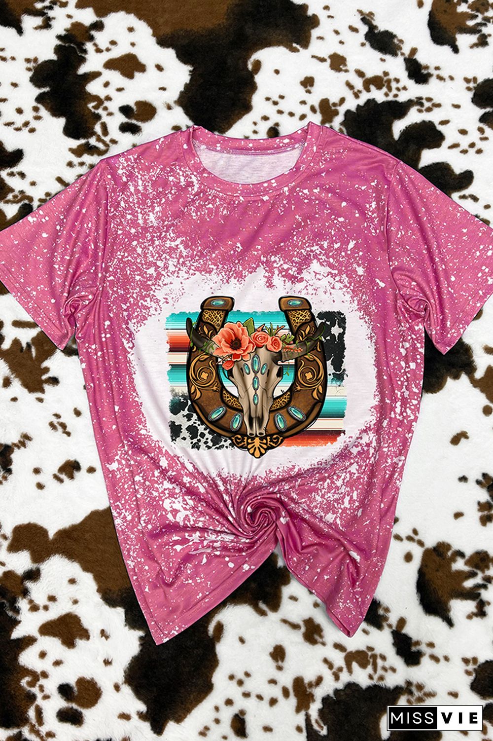 Horseshoe Floral Bull Skull Gemstone, Western Horseshoe Graphic Tee Wholesale