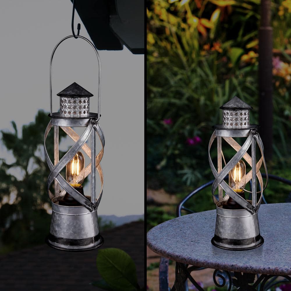 Alpine Corporation 15 in. H Indoor/Outdoor Vintage Metal Lantern with LED Lights in Silver OAB140HH-S-SL