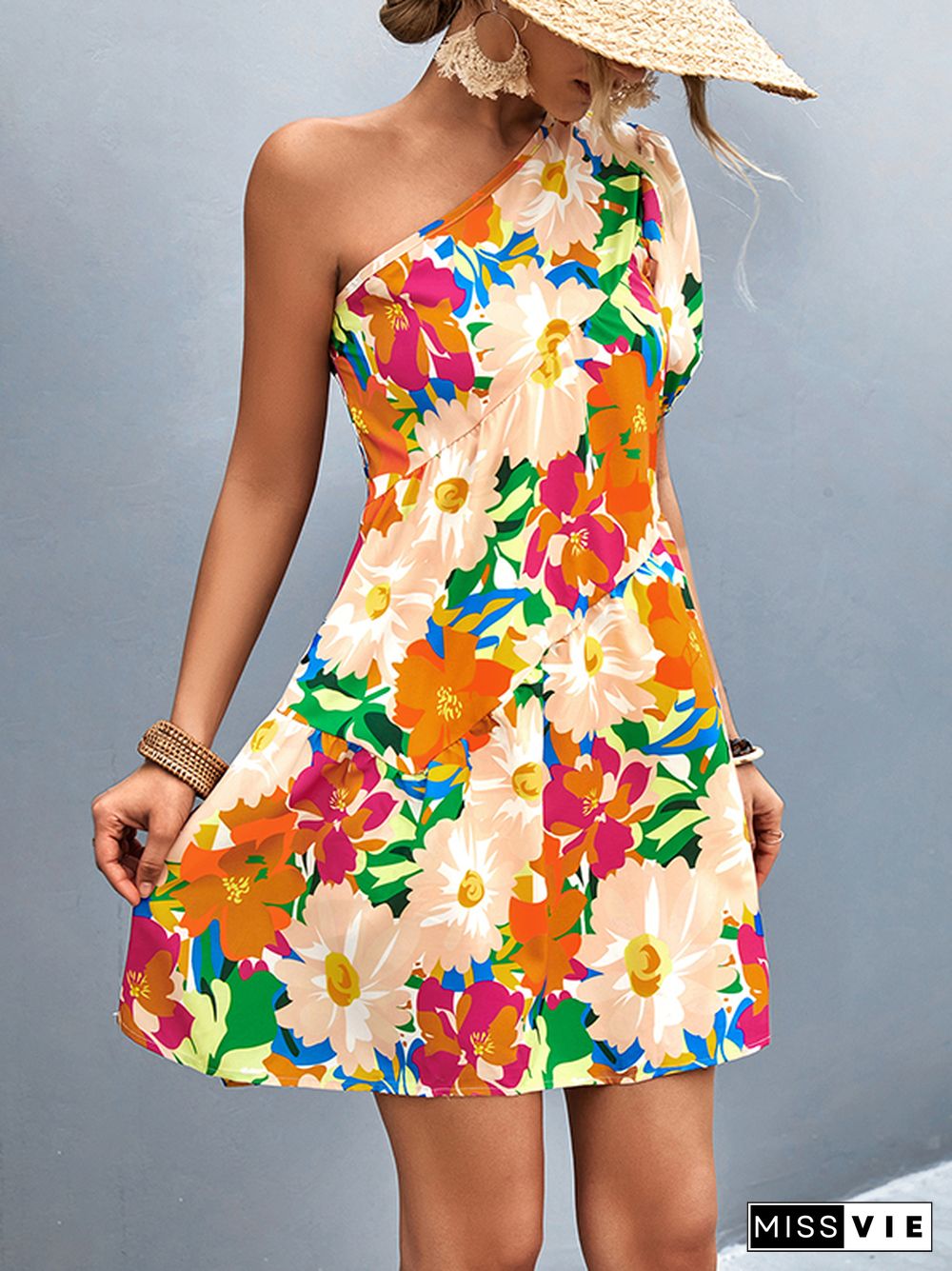 A-Line Bishop Sleeve Flower Print Split-Joint One-Shoulder Mini Dresses