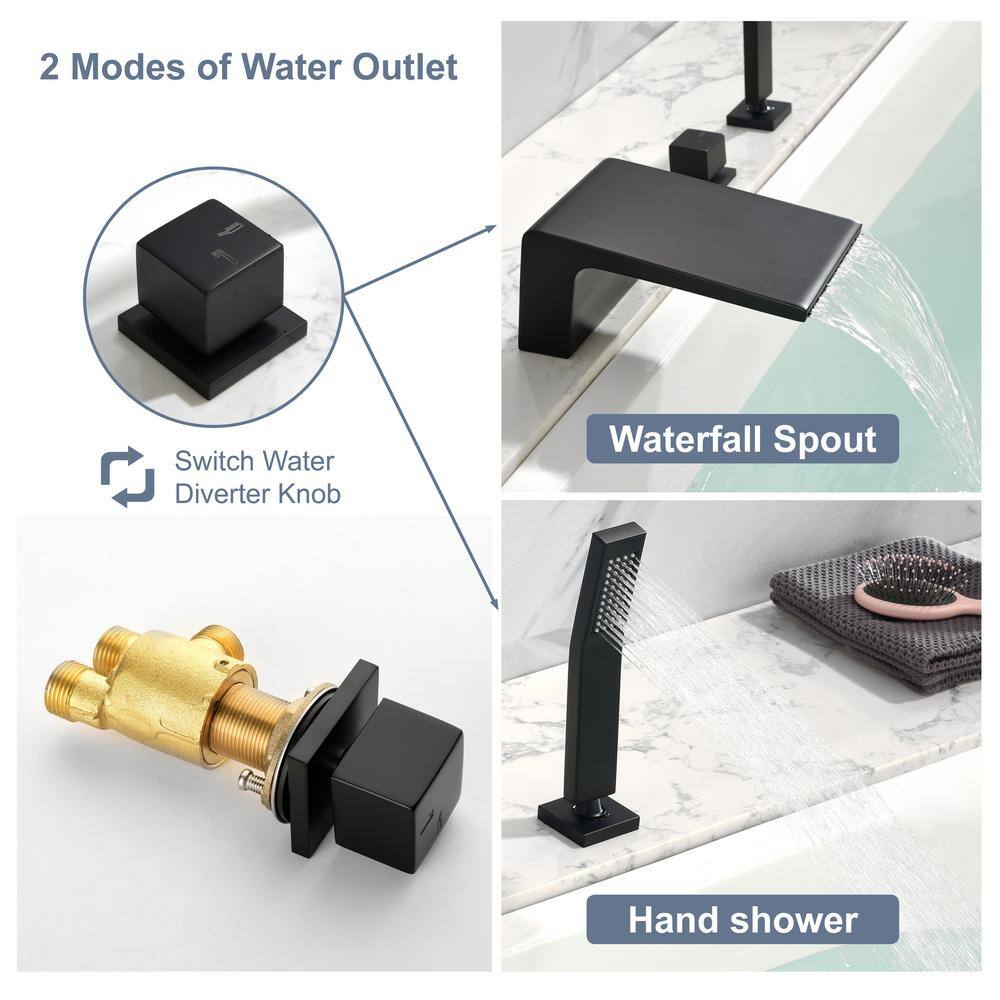 Aurora Decor Amo Single Handle Deck-Mount Roman Tub Faucet with Waterfall Tub Filler and Handshower in Matte Black (Valve Included) SMDHD2A1724B