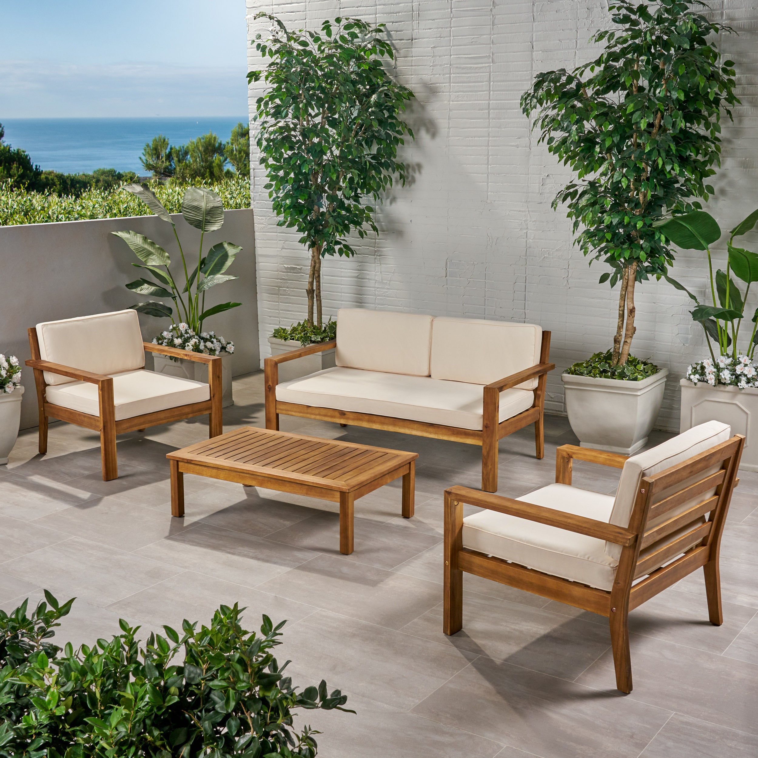 Gloria Outdoor 4 Seater Acacia Wood Chat Set with Cushions