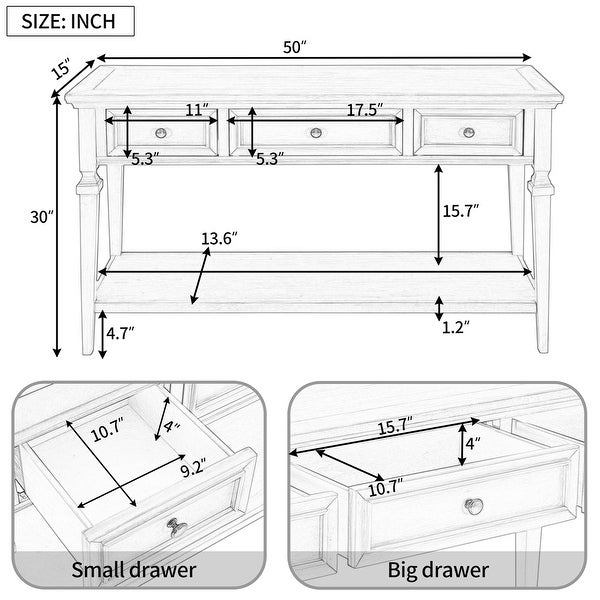 Classic Retro Style Console Table with Three Top Drawers and Open Style Bottom Shelf， Easy Assembly
