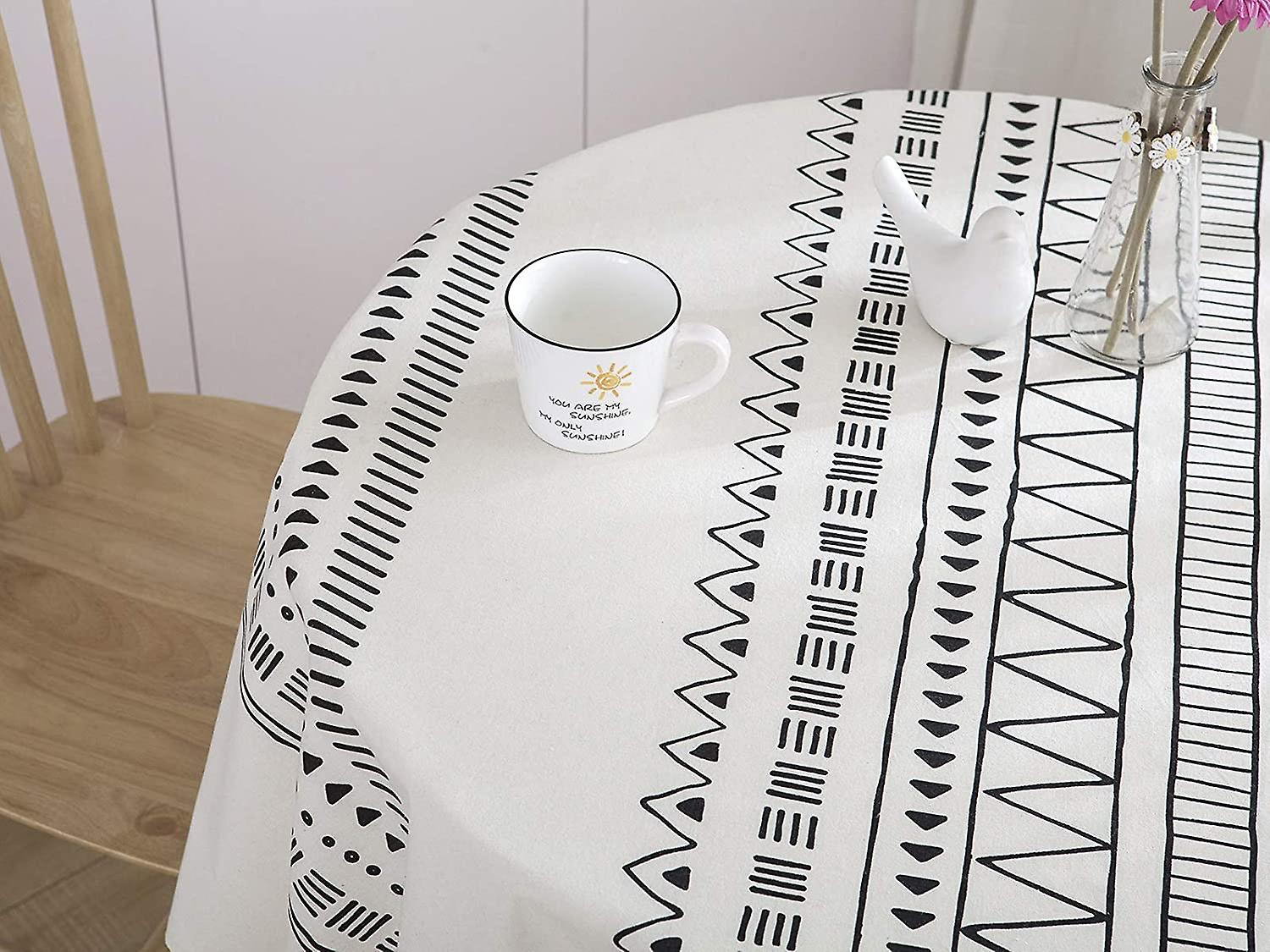 Cotton Linen Table Cloths Heavy Fabric Boho Table Cover Table Top Tablecloth For Farmhouse Coffee Kitchen Picnics White Black Round 60 Inch(4-6 Seats)