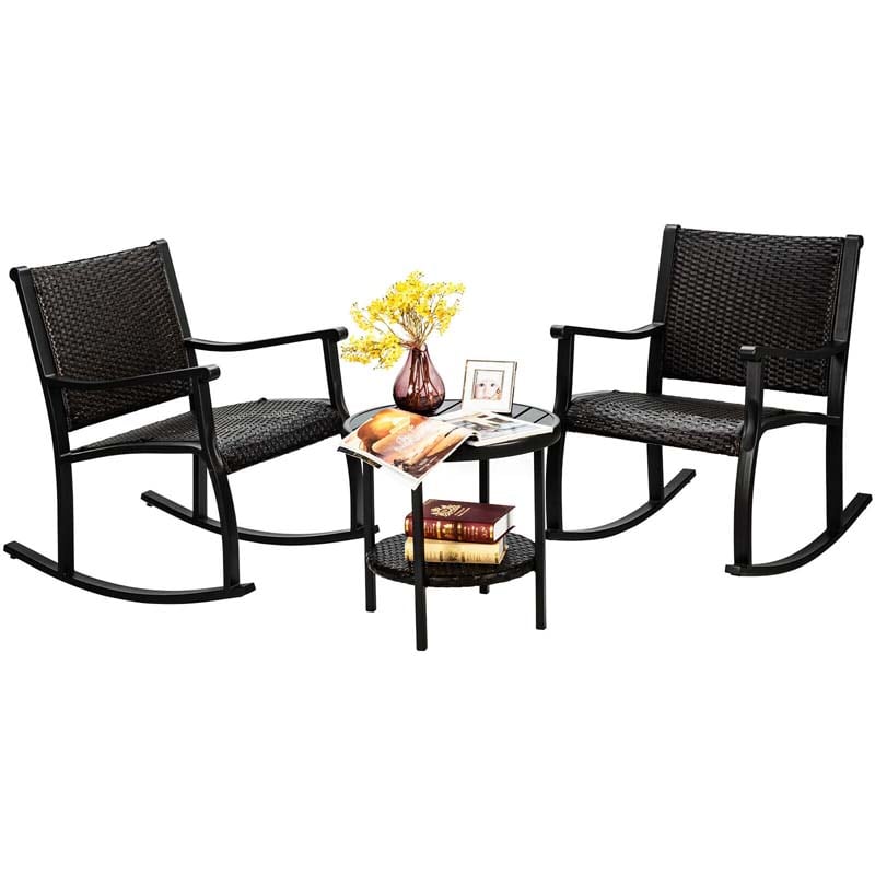 3 Pcs Rattan Patio Rocking Bistro Set with Side Table & Extra Storage Shelf, Outdoor Rocking Chair Furniture Set