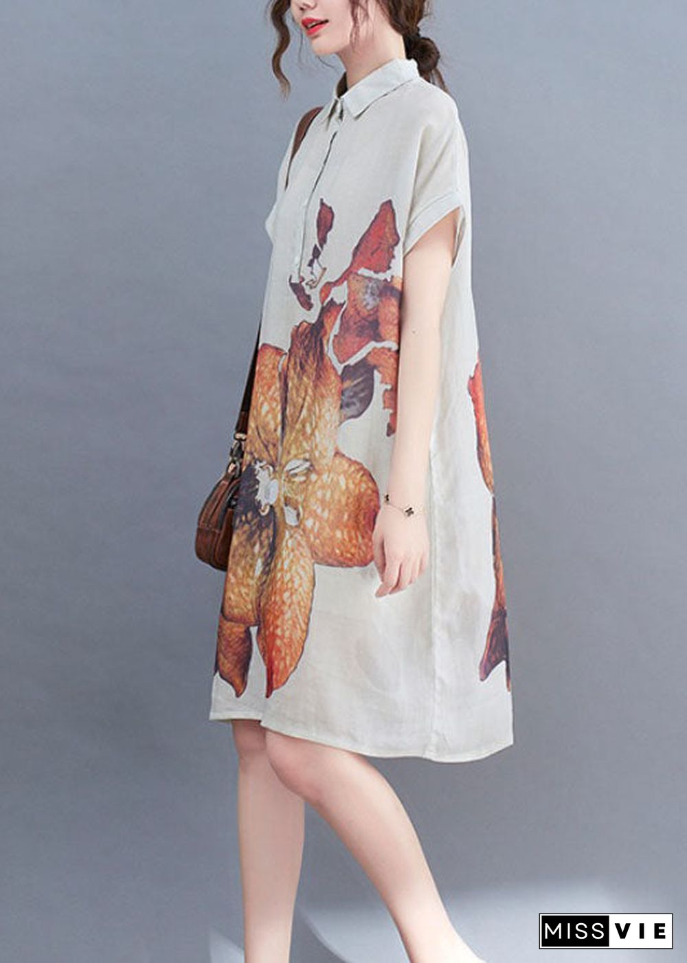 Natural White PeterPan Collar Button Print Summer Short Sleeve Dress