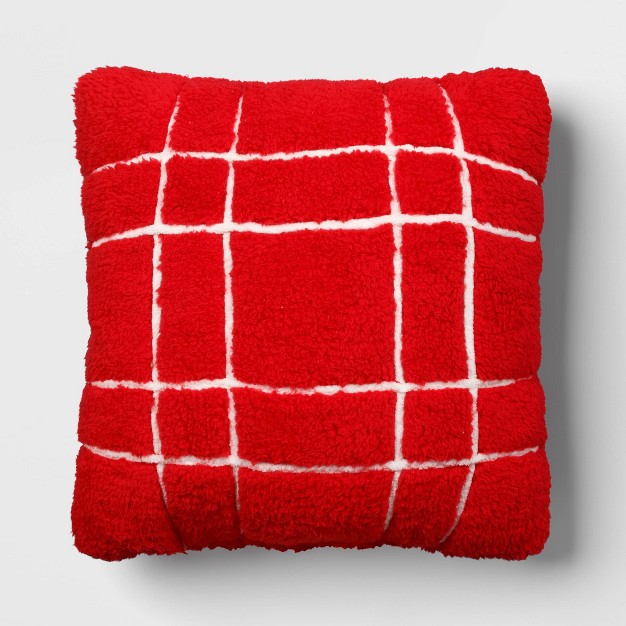 Faux Shearling Plaid Christmas Square Throw Pillow Cover Red white