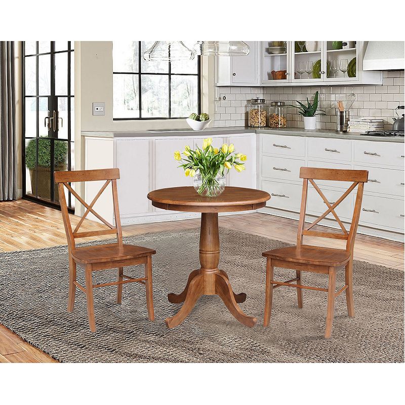 International Concepts Round Pedestal Dining Table and X-Back Dining Chair 3-piece Set