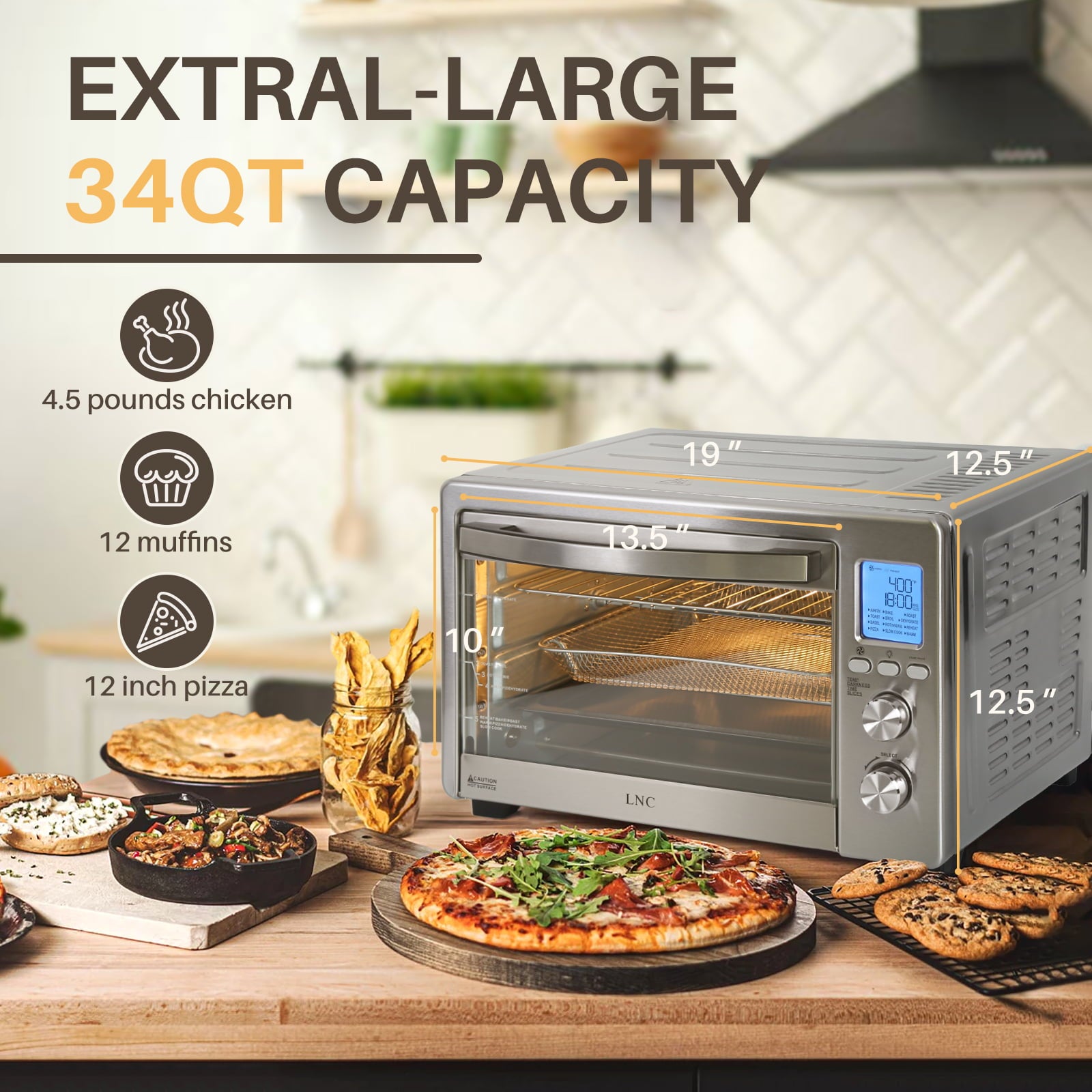 LNC Air Fryer Toaster Oven 12-in-1 Countertop Oven with Speedy Convection, Large 34 QT Capacity, 1750W, Stainless Steel - Gray