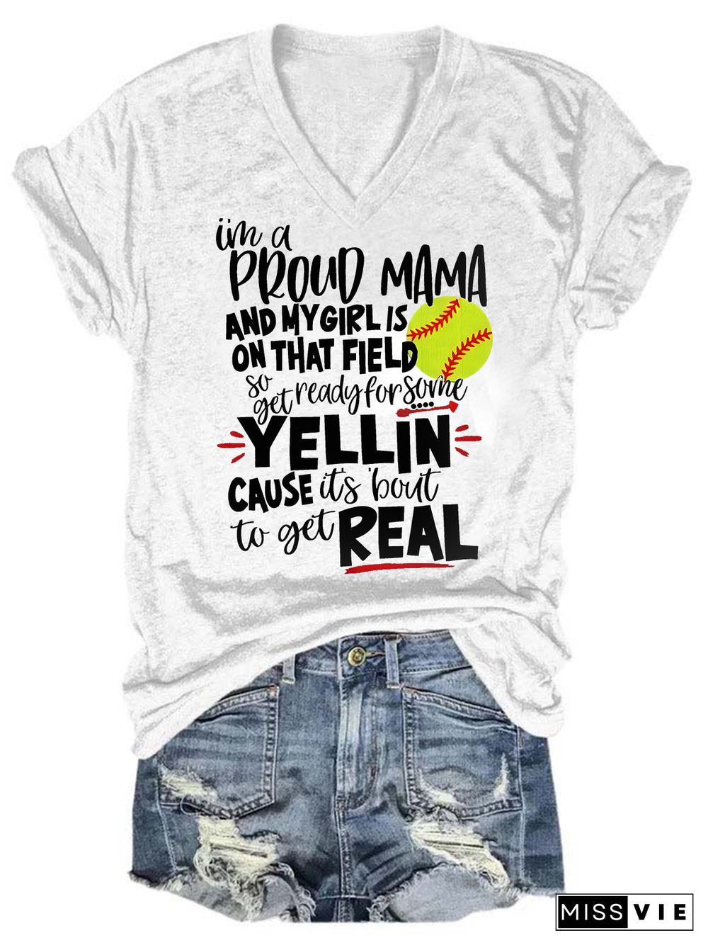 Proud Softball Mama V Neck T-Shirt