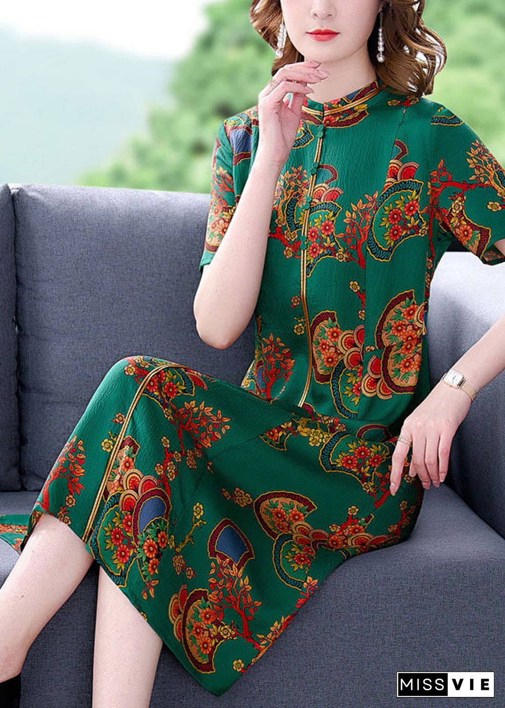 Fitted Green Stand Collar Print Silk Long Dresses Short Sleeve