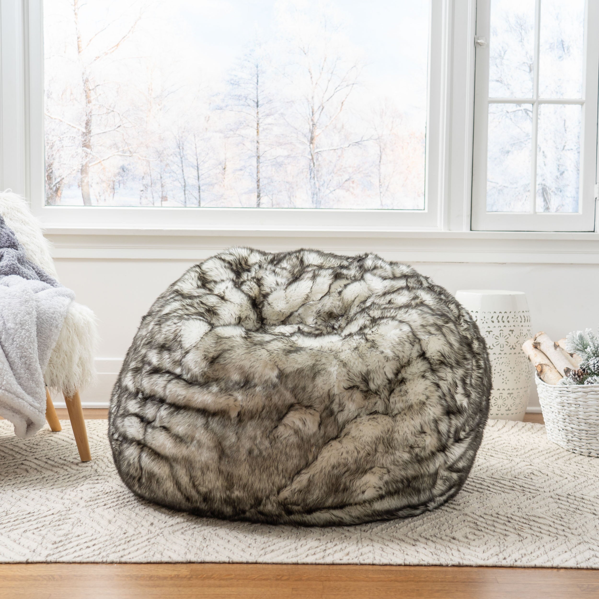 Noble House 3' Faux Fur Bean Bag Chair, White + Grey