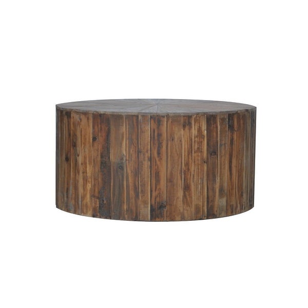 36 Inch Round Drum Coffee Table， Classic Plank Design， Rustic Brown Wood