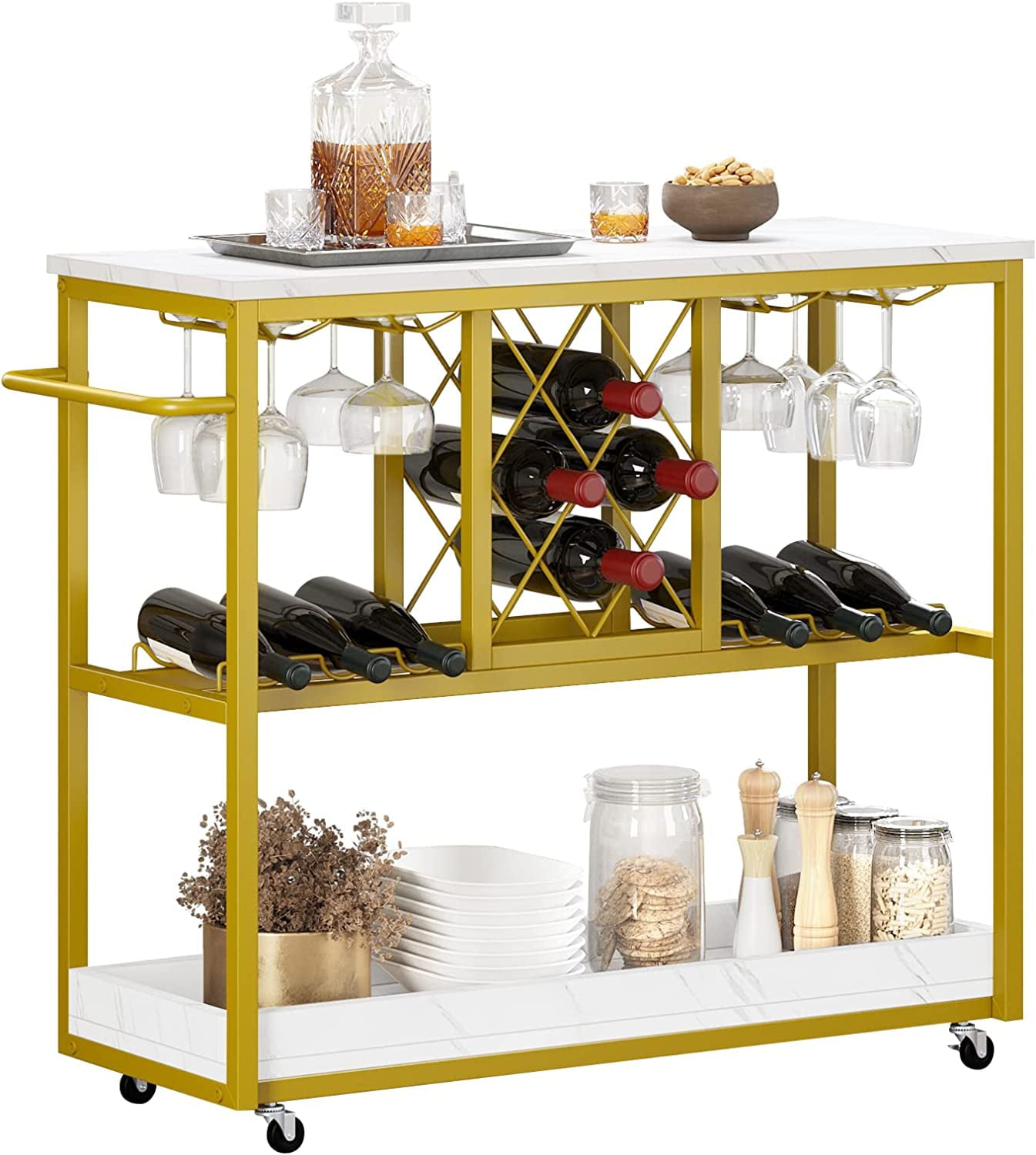 YITAHOME Wine Bar Cart， Home Bar Serving Carts with Wine Rack Glasses Holder， Kitchen Cart on Wheels for Living Room， Kitchen， Gold